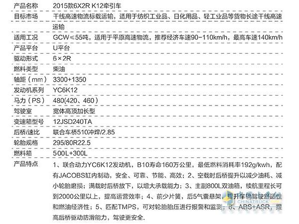 聯(lián)合卡車6X2 RK12牽引車參數(shù)