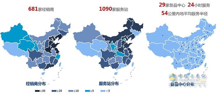 一汽解放現(xiàn)有近700家經(jīng)銷商，千余家服務(wù)站，29家備品中心