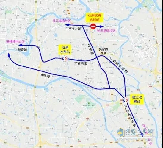 禪桂中心區(qū)、三龍灣片區(qū)往返大良、中山的車輛繞行路徑